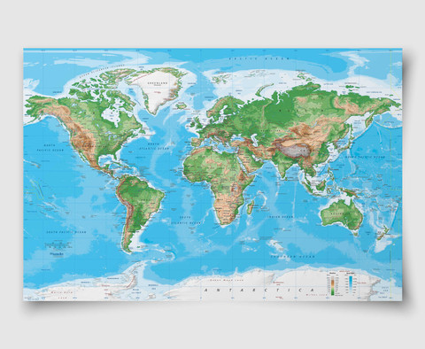 Topographic World Wall Map - Miller Projection