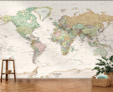 Beige Ocean Antique Style World Map Mural - Removable Wallpaper Map
