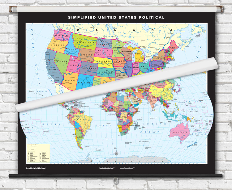 Simplified U.S. & World Political Combo Spring Roller 2-Map Set from Klett-Perthes