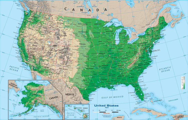 United States Topography Wall Map, image 1, World Maps Online
