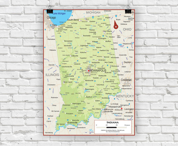Indiana Wall Map - Physical, image 1, World Maps Online