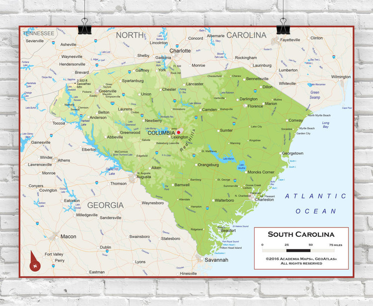 South Carolina Wall Map - Physical, image 1, World Maps Online
