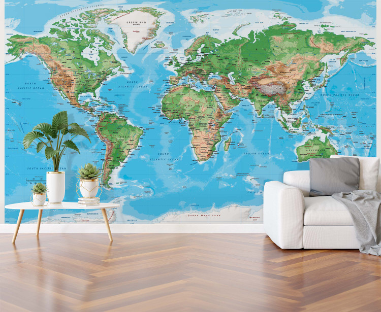World Topography Map Wall Mural in Room, World Maps Online