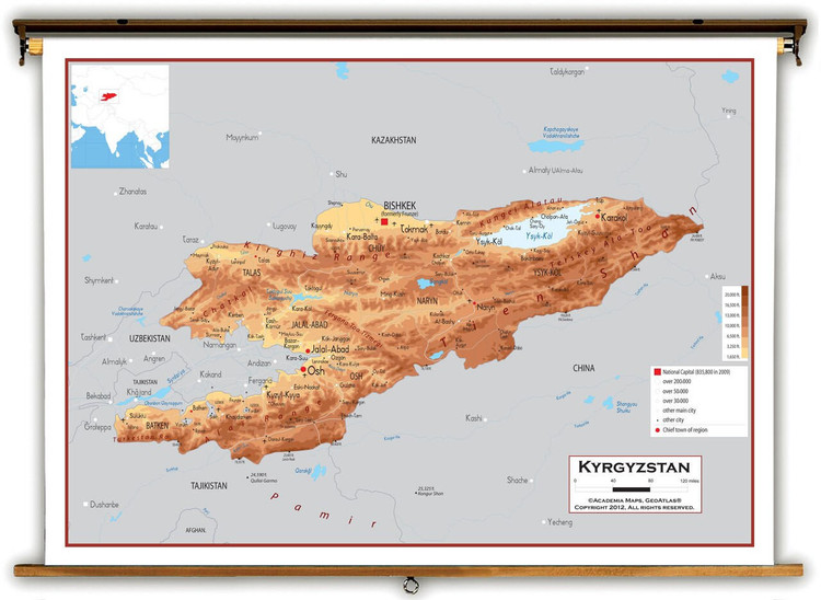 Kyrgyzstan Physical Educational Map from Academia Maps, image 1, World Maps Online