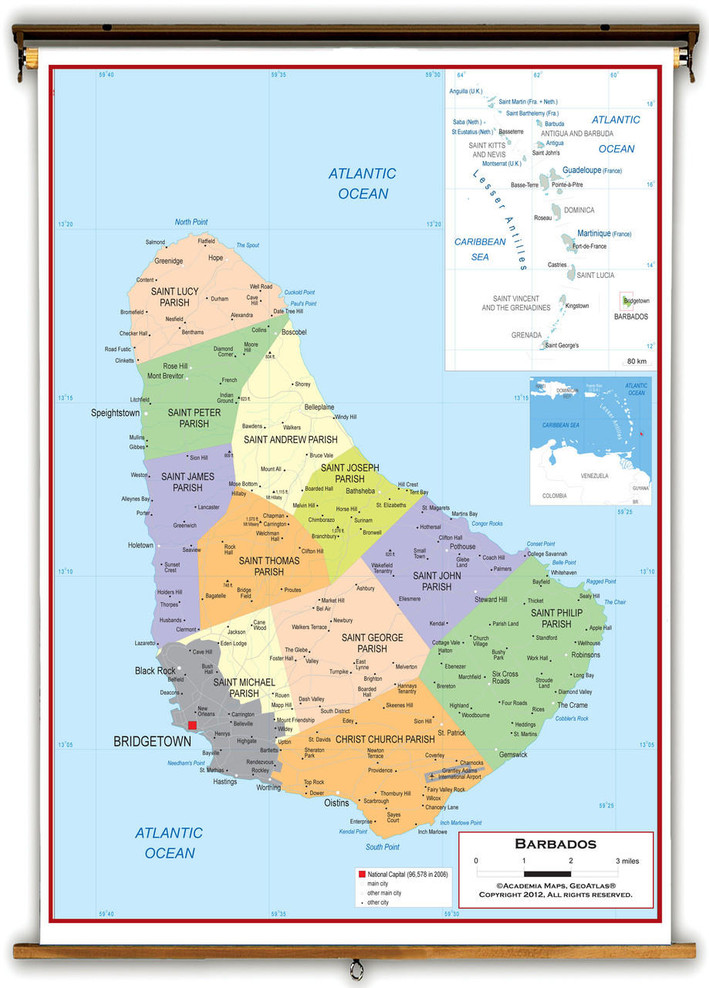 Barbados Political Educational Wall Map from Academia Maps, image 1, World Maps Online