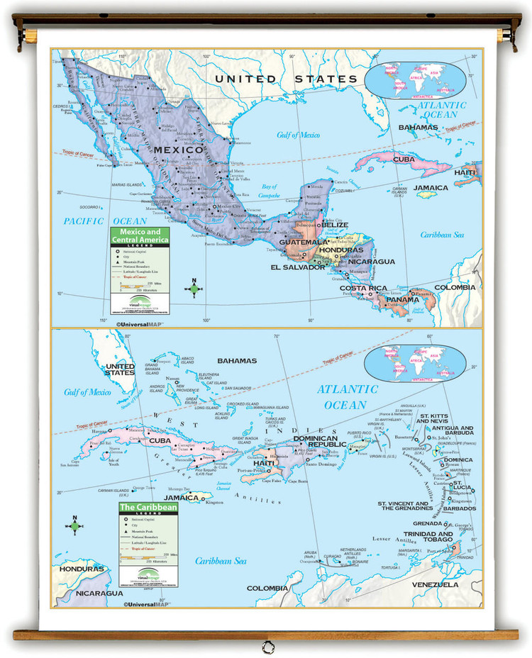 Primary Central America & Caribbean Map on Spring Roller, image 1, World Maps Online