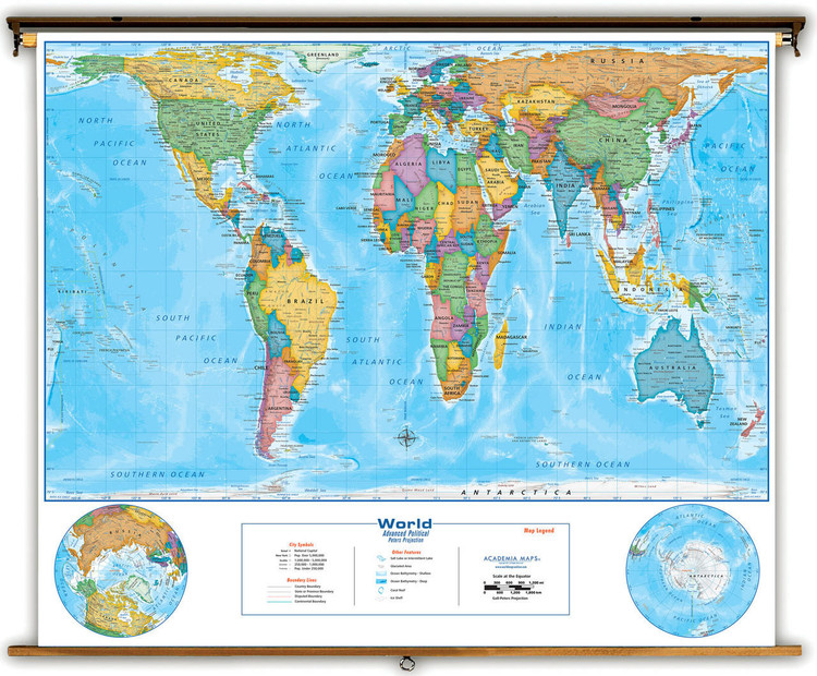 Gall Orthographic Projection Political World Pull-Down Map, image 1, World Maps Online