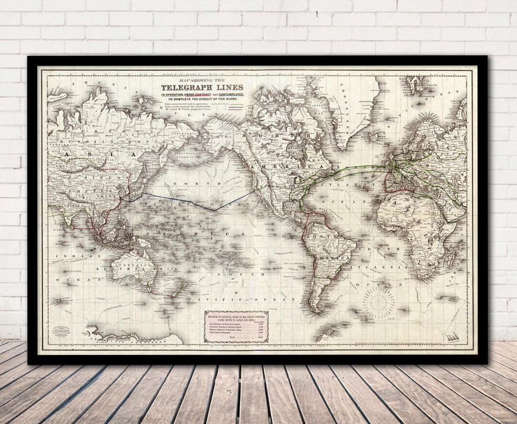 Historical Map of the World Telegraph Lines - 1871, image 1, World Maps Online