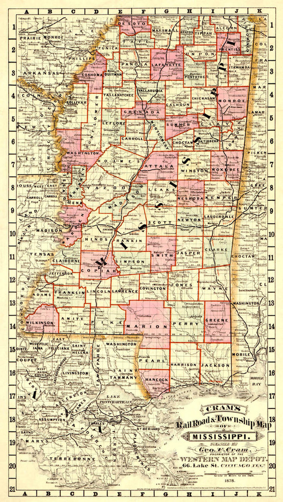 Historical Railroad Map of Mississippi - 1878, image 1, World Maps Online
