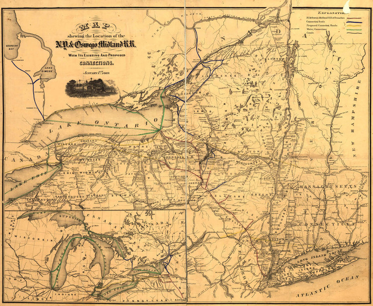 Historic Railroad Map of New York State - 1869, image 1, World Maps Online