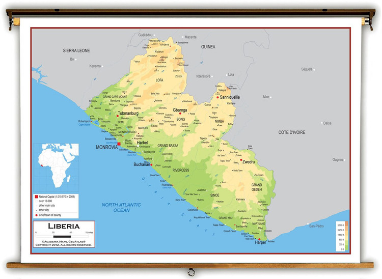 Liberia Physical Educational Map from Academia Maps, image 1, World Maps Online