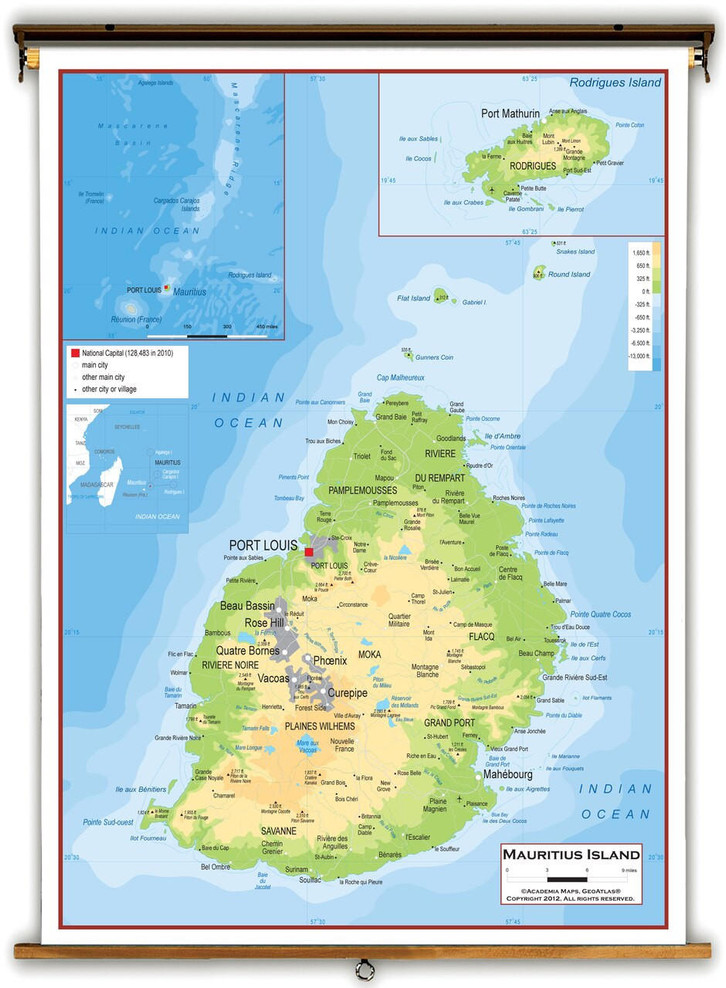 Mauritius Island Physical Educational Map from Academia Maps, image 1, World Maps Online