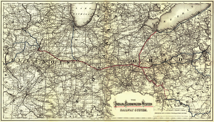 Historic Railroad Map of the Midwest - 1881 - Indiana, Bloomington and Western Railway System, image 1, World Maps Online