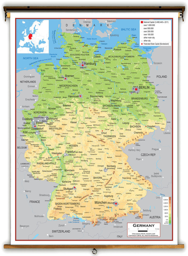 Germany Physical Educational Map from Academia Maps, image 1, World Maps Online