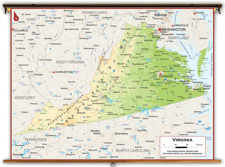 Virginia Physical Pull-Down Map, image 1, World Maps Online