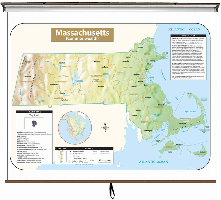Massachusetts Large Shaded Relief Map on Spring Roller from Kappa Maps, image 1, World Maps Online