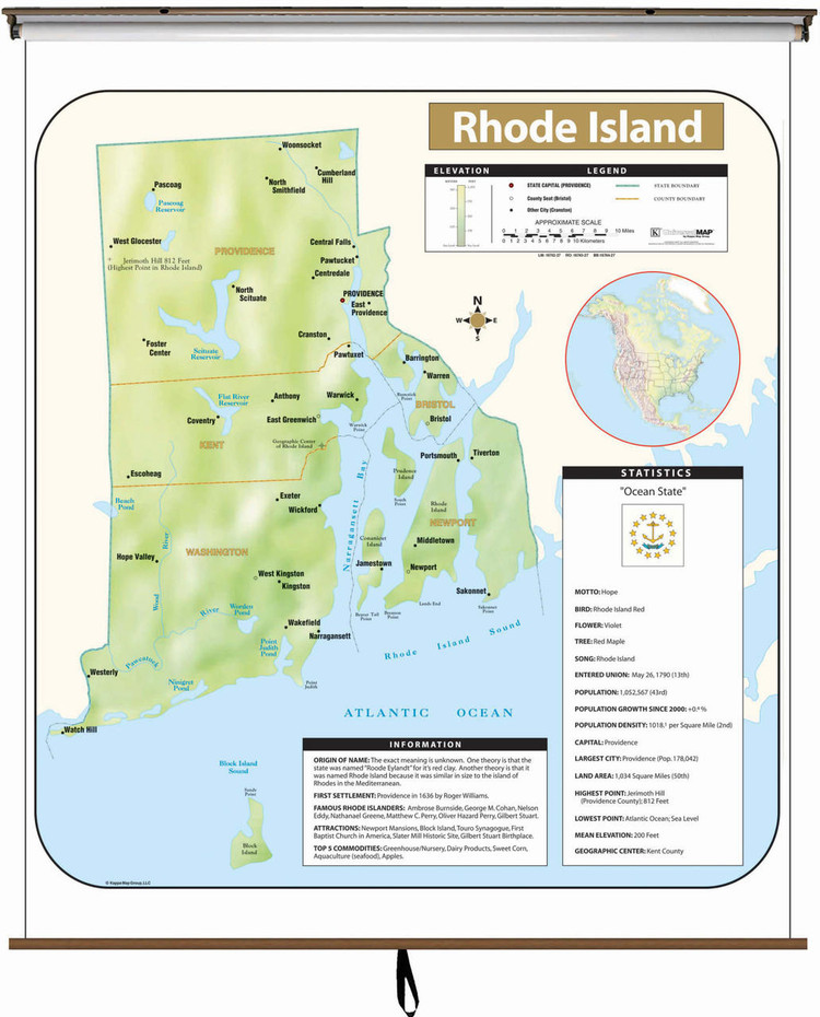 Rhode Island Large Shaded Relief Map on Spring Roller from Kappa Maps, image 1, World Maps Online