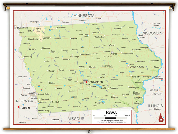 Iowa Physical Pull-Down Map, image 1, World Maps Online