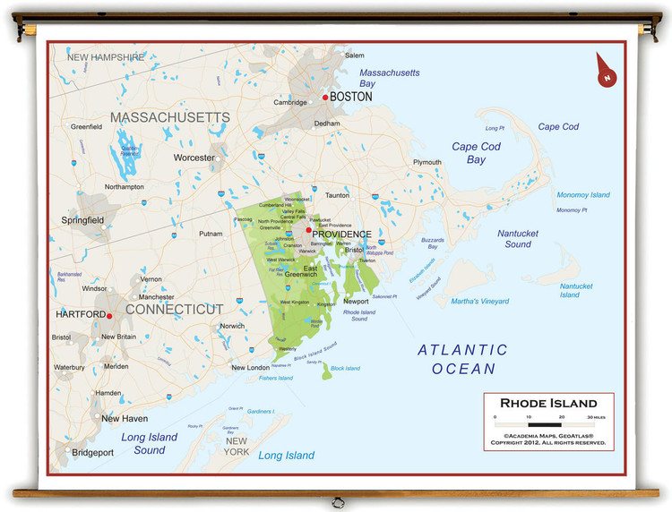 Rhode Island Physical Spring Roller Map, image 1, World Maps Online
