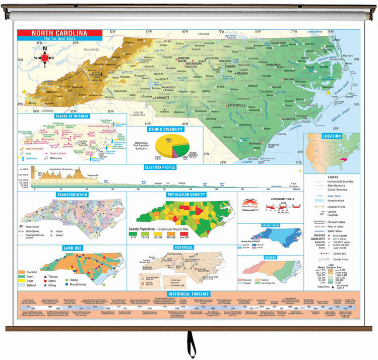 North Carolina State Thematic Classroom Map on Spring Roller from Kappa Maps, image 1, World Maps Online