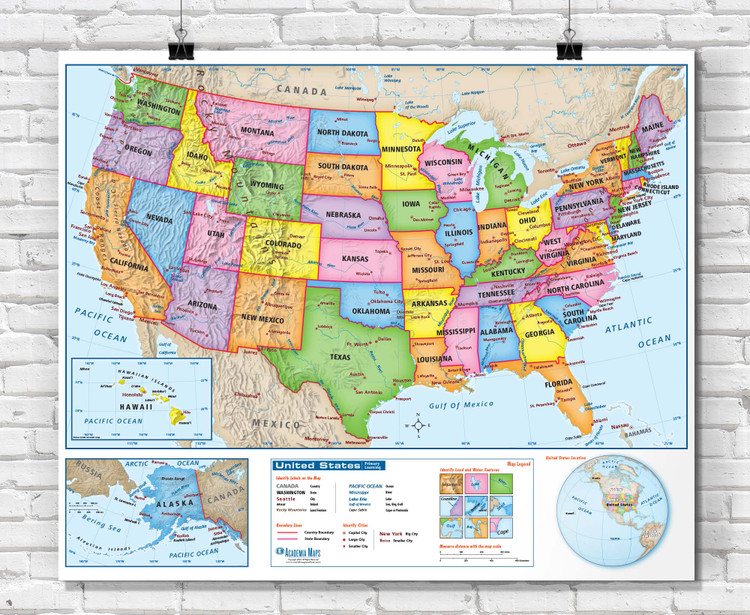 U.S. Primary Learning Political Classroom Wall Map Poster, World Maps Online