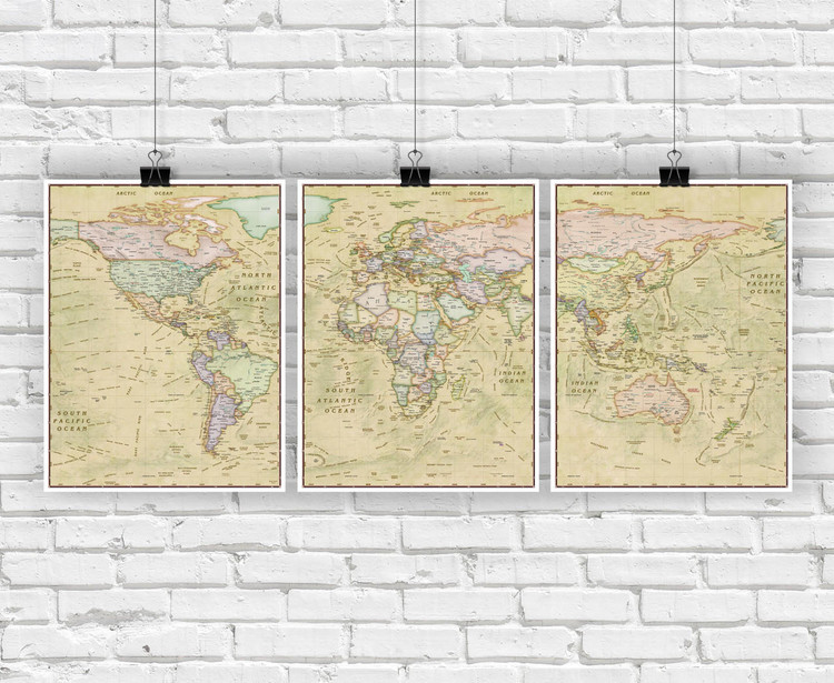 World Political Antique Ocean Triptych Wall Map by Compart Maps, image 2, World Maps Online