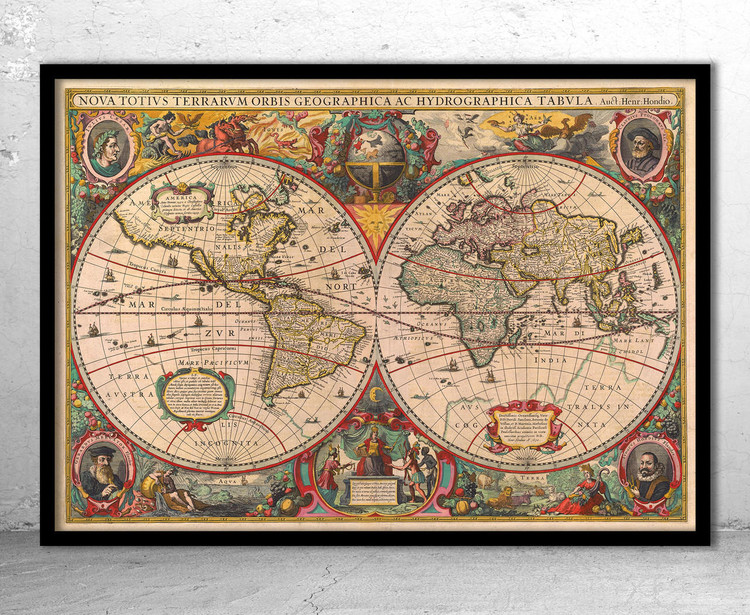 Historical World Map Print - 1630 by Henricus Hondius, image 1, World Maps Online