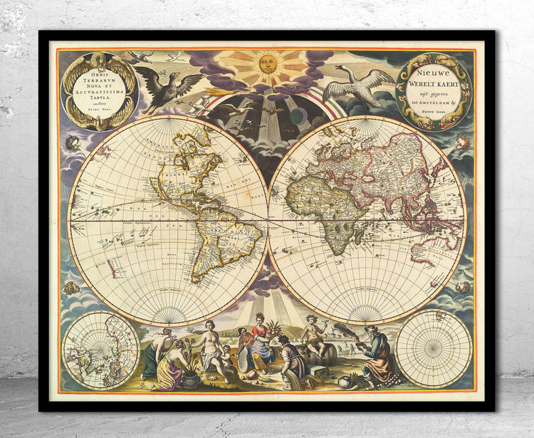 Historic Antique World Map Print - 1668 - Pieter Goos, image 1, World Maps Online