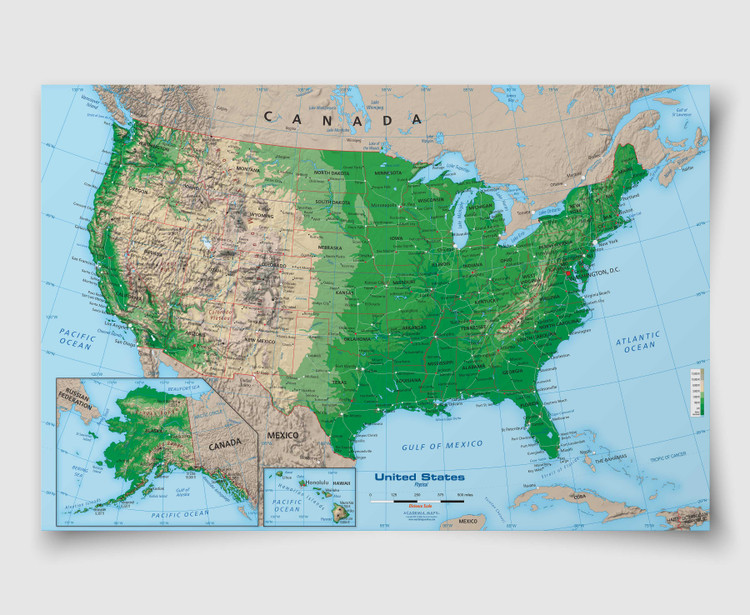 United States Topography Wall Map Archival Paper Print