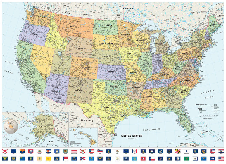 Classic United States Wall Map with State Flags, image 1, World Maps Online