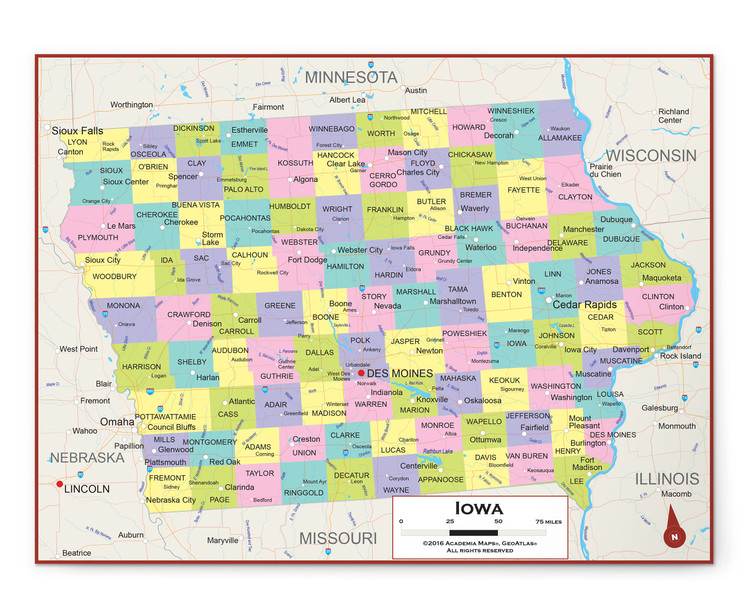Iowa Wall Map - Political with Counties