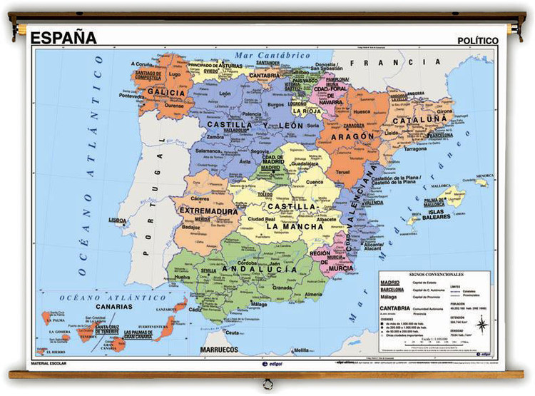 Spanish Language Spain Physical/Political Map on Spring Roller, image 1, World Maps Online