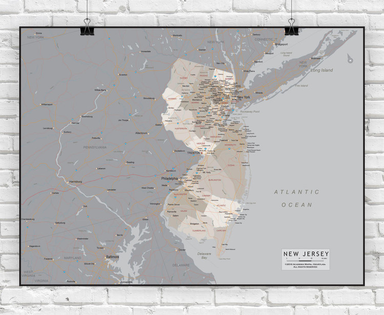 New Jersey Wall Map - Executive, image 1, World Maps Online