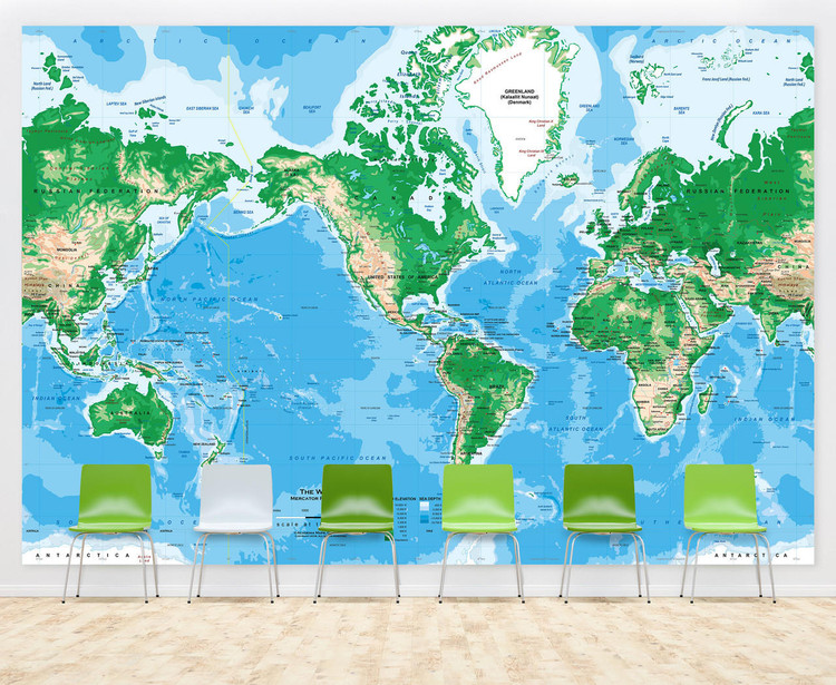 Mercator World Topographic Map Wall Mural, image 1, World Maps Online