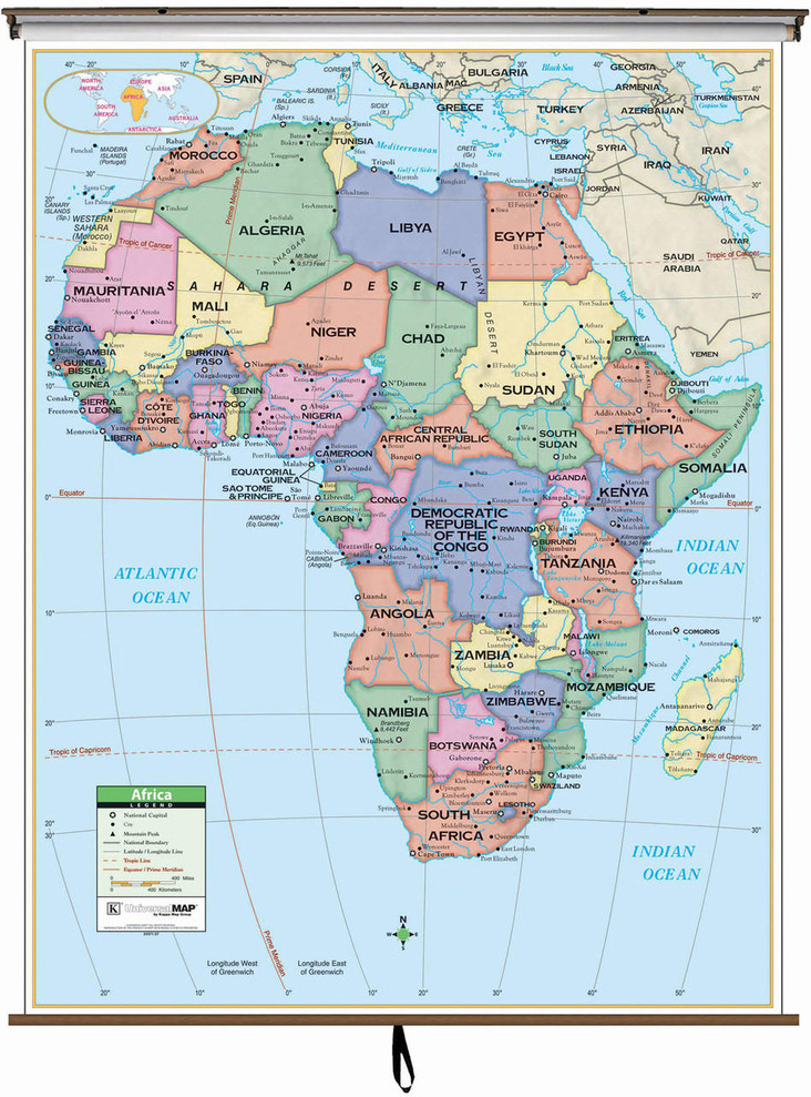 Primary Africa Pull Down Political Map on Spring Roller
