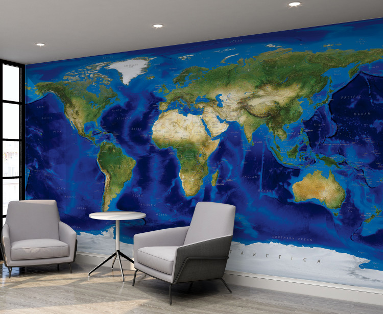 World Topography & Bathymetry Satellite Imagery Wall Mural with Labels and Borders in Room