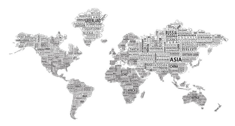 1-World Text Map Mural - Black on White, image 1, World Maps Online
