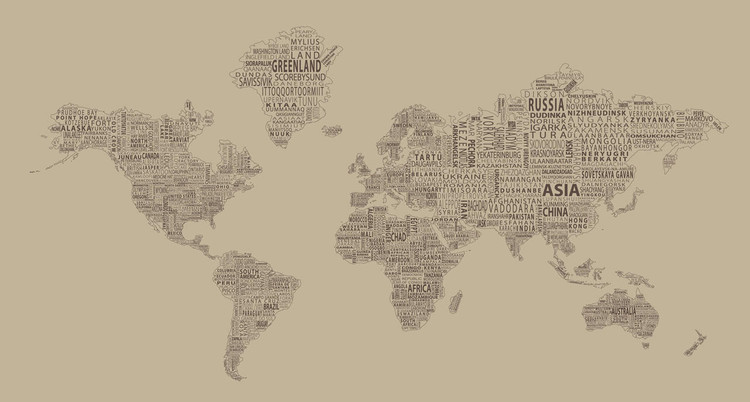 1-World Text Map Mural - Tan Mono, image 1, World Maps Online