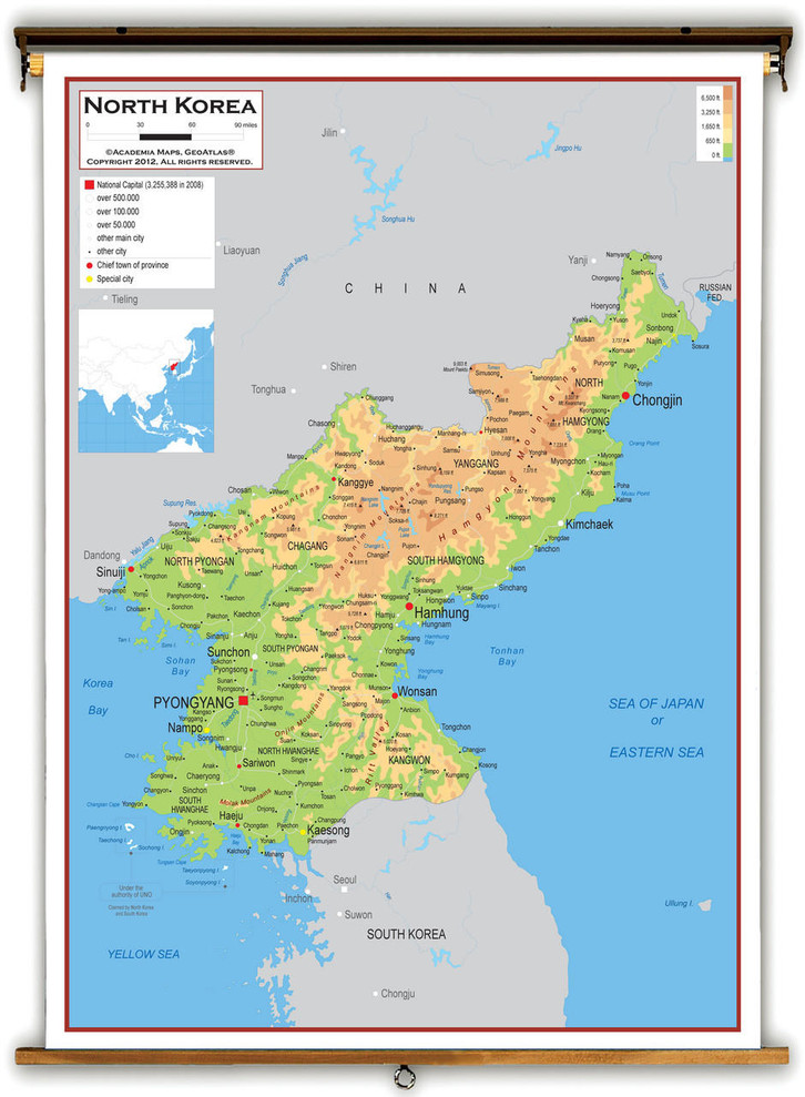 North Korea Physical Educational Map from Academia Maps, image 1, World Maps Online