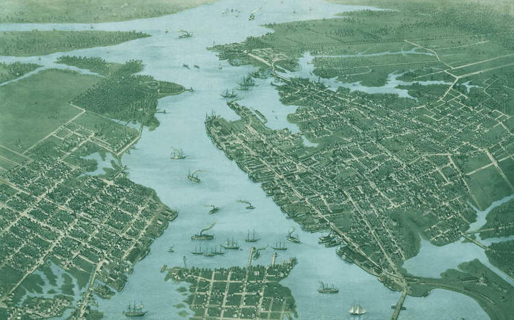 Norfolk 1873 Birds-Eye View - B&W w/ Blue Water, image 1, World Maps Online