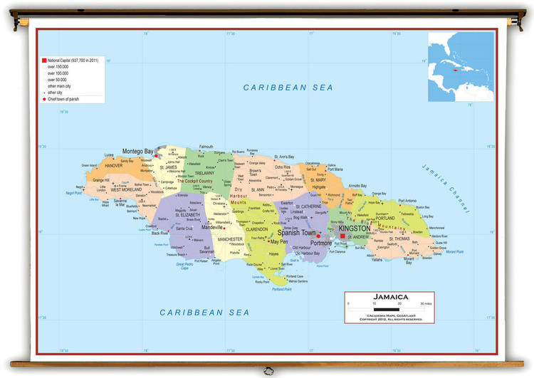 Jamaica Political Educational Wall Map from Academia Maps, image 1, World Maps Online