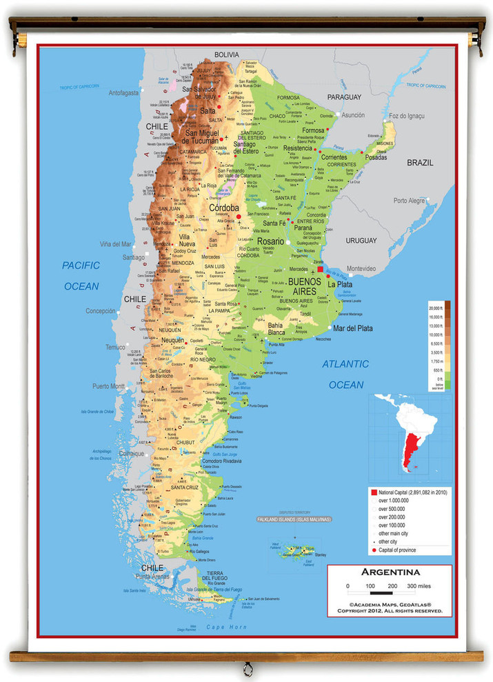 Argentina Physical Educational Wall Map from Academia Maps, image 1, World Maps Online