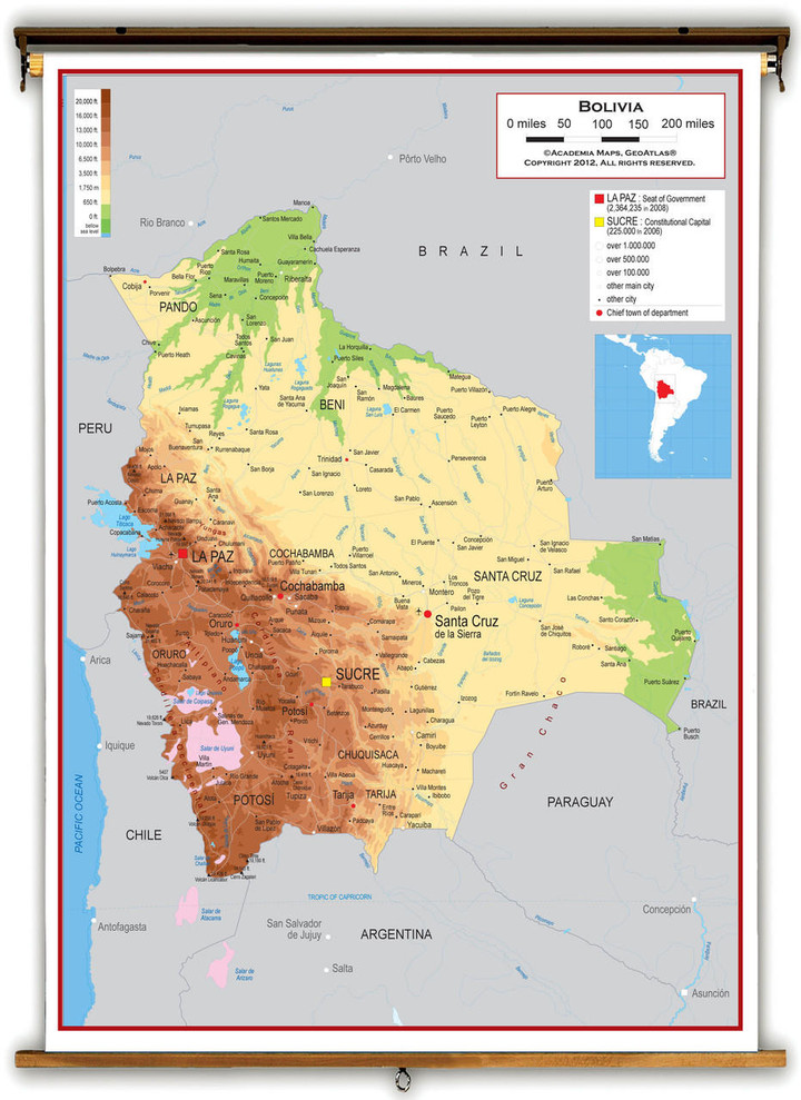 Bolivia Physical Educational Wall Map from Academia Maps, image 1, World Maps Online