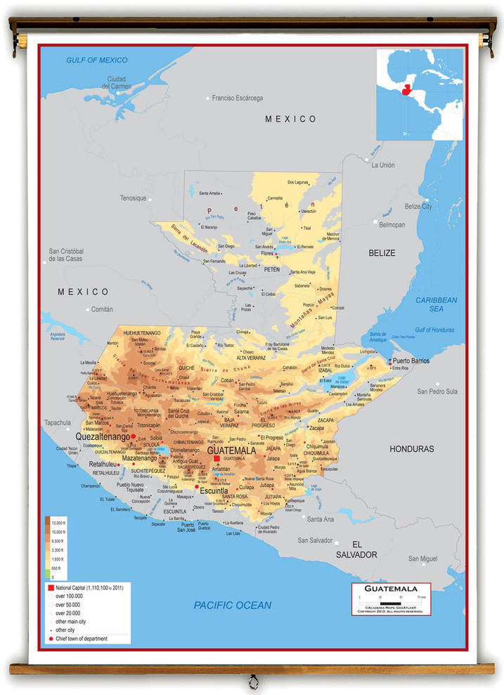 Guatemala Physical Educational Wall Map from Academia Maps, image 1, World Maps Online