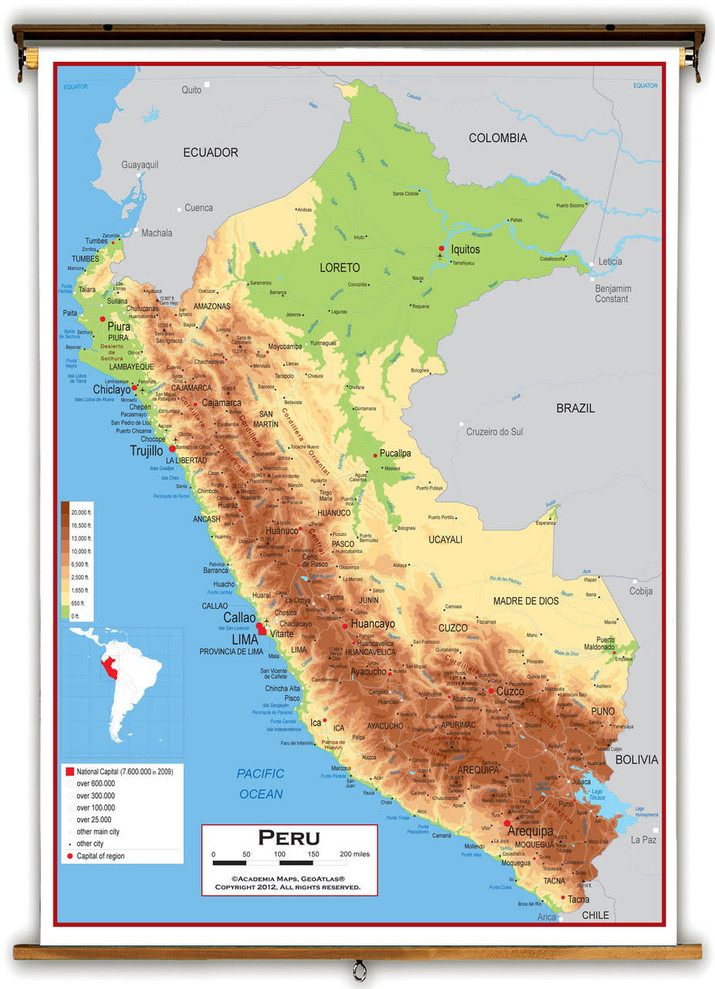 Peru Physical Educational Wall Map from Academia Maps, image 1, World Maps Online