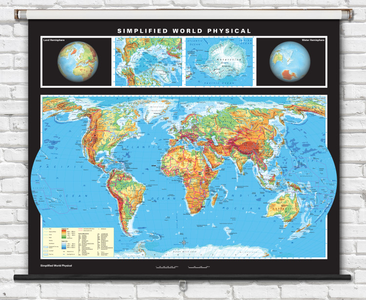 Simplified World Physical Map on Spring Roller from Klett-Perthes