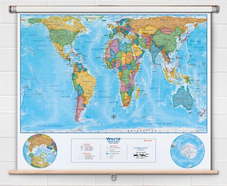 Gall Orthographic Projection Political World Map on Pull-Down Spring Roller