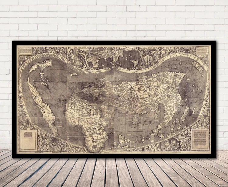 Historical Map Print of the World - 1507 - Waldseemuller Framed