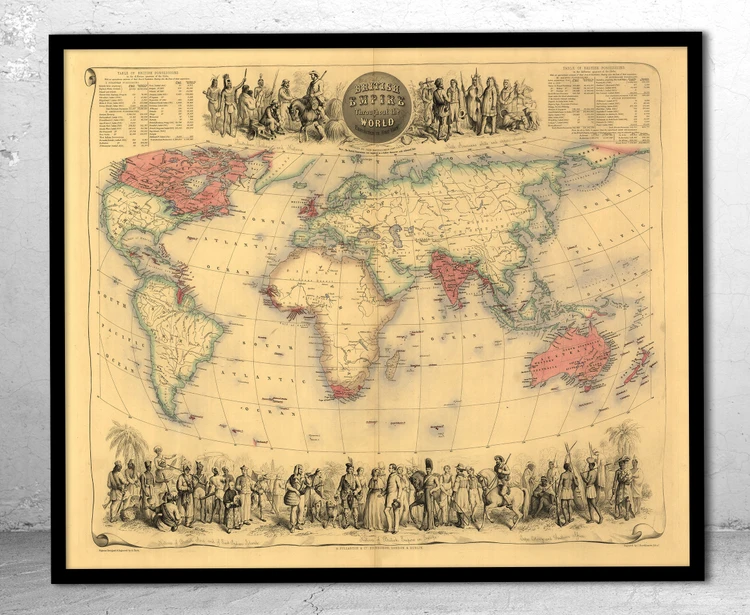 Historical Map Print - World Map - British Empire - 1850's Framed