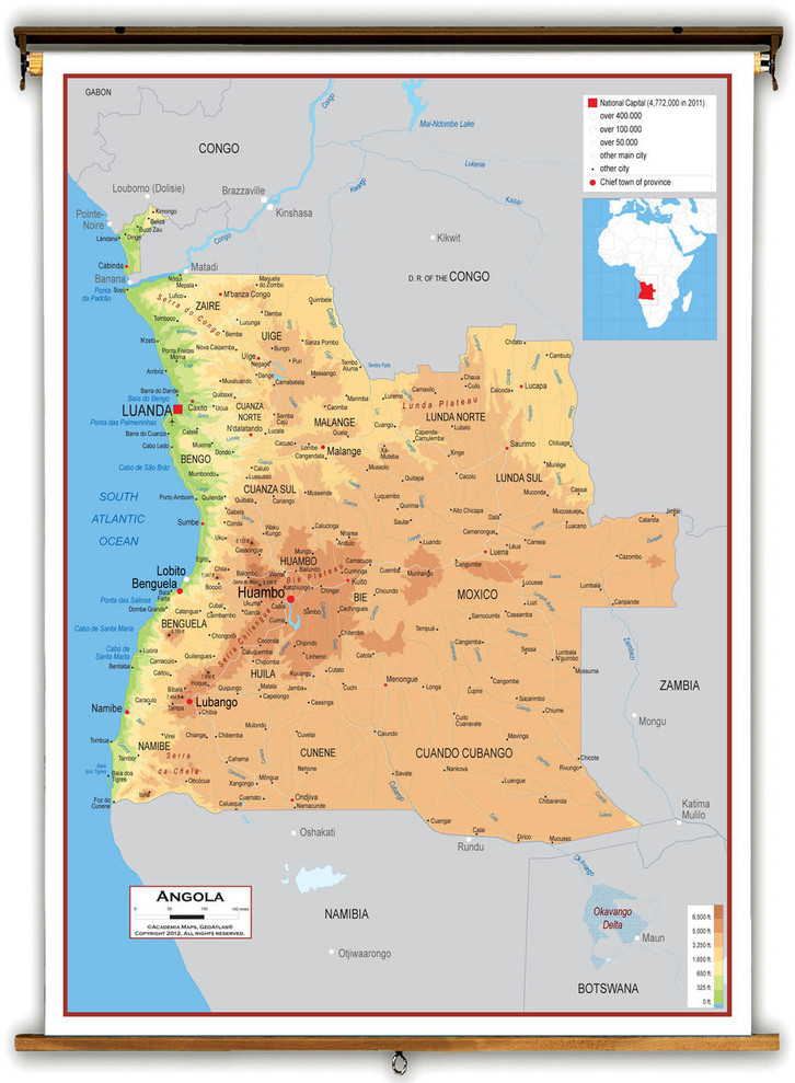 Angola Physical Educational Map from Academia Maps, image 1, World Maps Online